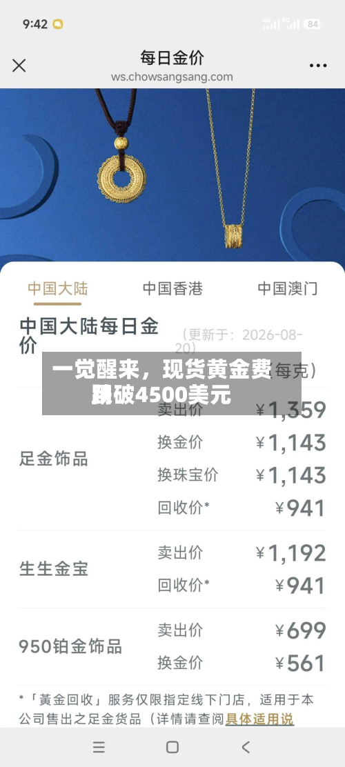 一觉醒来，现货黄金费用跌破4500美元