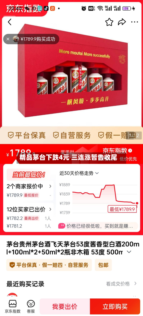 精品茅台下跌4元 三连涨暂告收尾