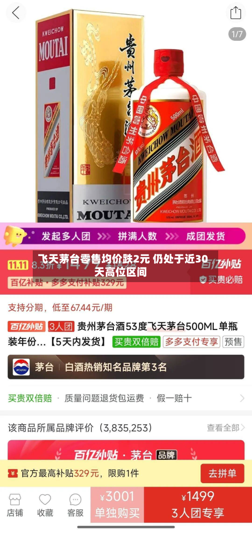 飞天茅台零售均价跌2元 仍处于近30天高位区间