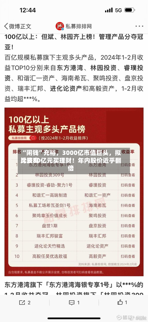 “闲钱”充裕，3000亿市值巨头，拟比较高斥资80亿元买理财！年内股价近乎翻倍