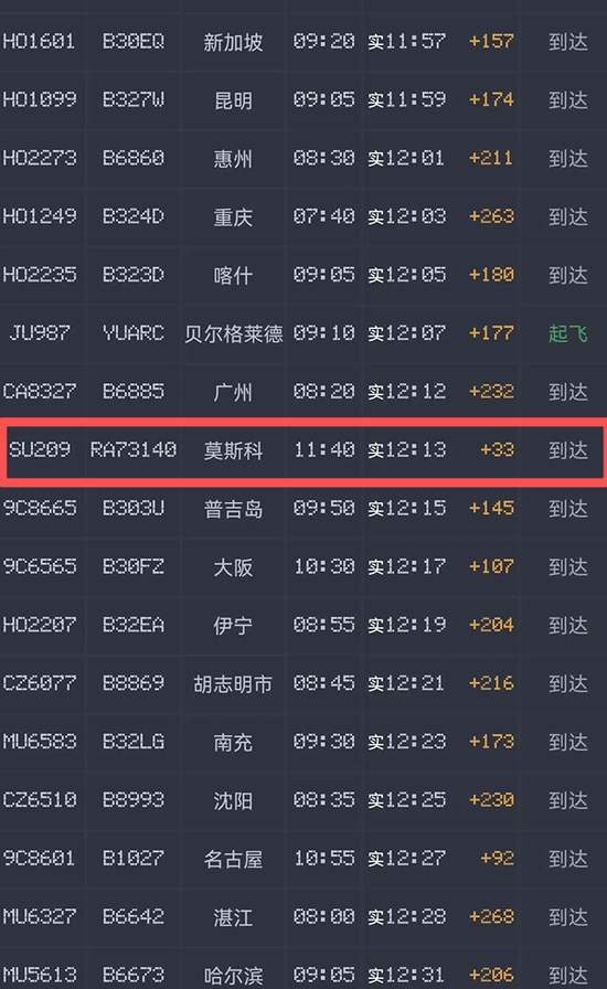 今天最猛的航班!俄罗斯航空的SU208提前38分钟落地上海浦东机场