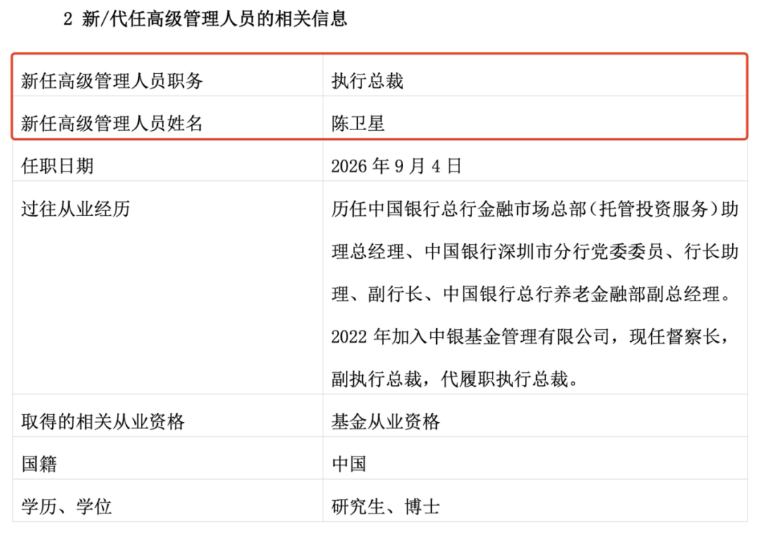 官宣！7000亿级基金公司中银基金新总裁定了，陈卫星出任！