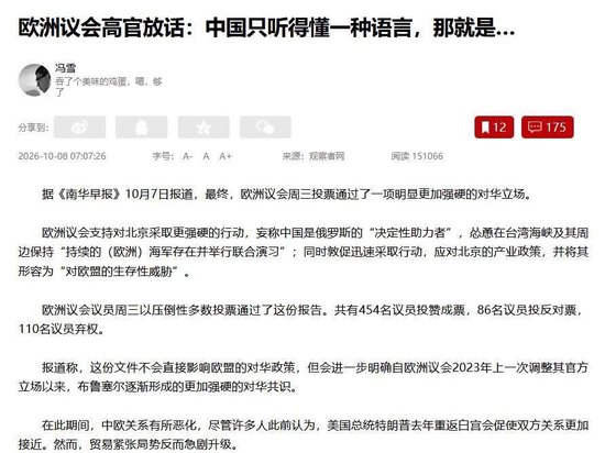 欧洲对华投票一边倒，反华报告通过	，欧盟：中国只懂实力语言